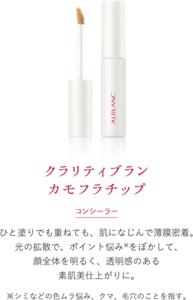ひと塗りでも重ねても、肌になじんで薄膜密着。 光の拡散で、ポイント悩みを ぼかして、 顔全体を明るく、透明感のある 素肌美仕上がりに。