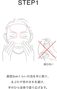 STEP 1 直径3cmくらいの泡を手に取り、 まぶたや目のきわを避け、 手のひら全体で塗り広げます。
