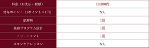料金（お支払い総額）：19,800円/付与ポイント（1ポイント＝1円）：なし/肌解析：1回/美容プログラム設計：1回/トリートメント：1回/スキンケアレッスン：なし