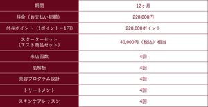 期間：12ヶ月/料金（お支払い総額）：220,000円/付与ポイント（1ポイント＝1円）：220,000ポイント/スターターセット（エスト商品セット）：40,000円（税込）相当/来店回数：4回/肌解析：4回/美容プログラム設計：4回/トリートメント：4回/スキンケアレッスン：4回
