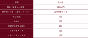 期間：2ヶ月/料金（お支払い総額）：55,000円/付与ポイント（1ポイント＝1円）：55,000ポイント/スターターセット（エスト商品セット）：30,000円（税込）相当/来店回数：1回/肌解析：1回/美容プログラム設計：1回/トリートメント：1回/スキンケアレッスン：1回