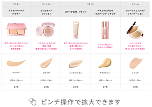 ファンデーションラインナップ比較表　ブライトチャージ パウダー：毛穴・色むら ひと塗りでカバー つやっぽい明るい素肌質感続く　グロウカバークッション：つやカバー仕上がりが簡単・持続 厚塗り感のないつや肌続く　ステイグロウ リキッド：毛穴・色むらなめらかにカバー厚塗り感のないセミつや肌続く　ナチュラルグロウ ラスティング リキッド：テカリに見えない自然なつや肌続く　クリーミィコンパクトファンデーション：シミ・くすみをひと塗りでカバー明るくなめらかな肌続く