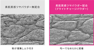 素肌質感ツヤパウダー無配合 粉が凝集しムラ付き 素肌質感ツヤパウダー配合 （ブライトチャージパウダー） 均一でなめらかに密着