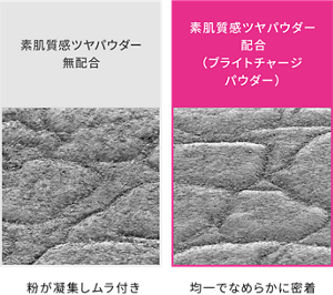 素肌質感ツヤパウダー無配合 粉が凝集しムラ付き 素肌質感ツヤパウダー配合 （ブライトチャージパウダー） 均一でなめらかに密着