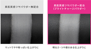 素肌質感ツヤパウダー無配合 マットでやや粉っぽい仕上がりに 素肌質感ツヤパウダー配合 （ブライトチャージパウダー） 明るさ・つや感のある仕上がりに