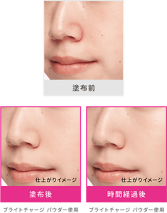 塗布前と塗布後の仕上がりイメージ ブライトチャージ パウダー使用と時間経過後の仕上がりイメージ ブライトチャージ パウダー使用