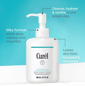 Graphic showing the benefits using using Curel's Hydrating Makeup Cleanser