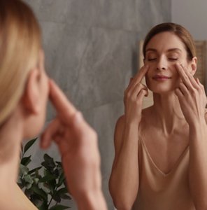 Young woman in nightwear massaging her face