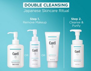The Curél Intensive Moisture Care cleansers showing as steps and options for your Double Cleansing routine