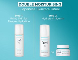 Curél Intensive Moisture Care moisturisers showing as steps and options for your Double Moisturising routine