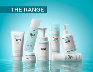 The Curél Intensive Moisture Care range in water against a teal background