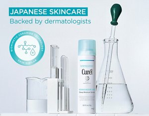 The Curél Deep Moisture Spray surrounded by chemistry glass beakers, and a roundel showing Curél Biomimetic Ceramide Technology