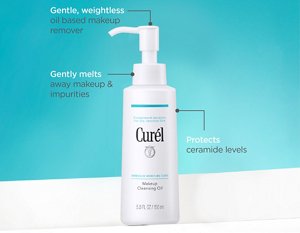 Graphic showing the benefits of Curél Makeup Cleansing Oil
