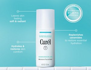 Infographic describing the benefits of using Curél Moisture Facial Milk