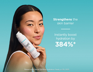 Young woman with radiant, healthy-looking skin holding Curél Regenerative Micro Mousse Treatment