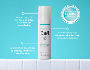 Curél Regenerative Micro Mousse Treatment with infographic highlighting microbubble technology and hydration benefits