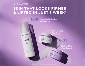Curél Restorative Aging Care range of products against a purple background
