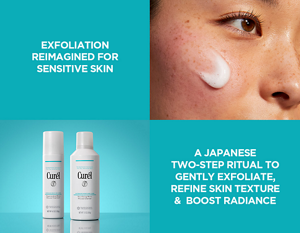 Close-up of a woman's skin with a small amount of Curél gentle exfoliating product alongside an image of the new range