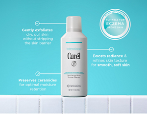 Curél Resurfacing Micro Mousse Cleanser bottle with infographic highlighting microbubble technology and gentle exfoliation benefits