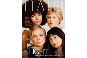 four diverse woman with different hair colors and lenghts, which stand side by side and close to each other looking into the camera while standing in front of a clean grey background