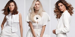 three diverse women with different hair colors and lenghts side by side in separated pictures looking into the camera while standing in front of a clean grey background