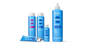 Four blue-packaged Colorance bottles and one tube in front of bright background.