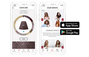 Two smartphones showing the Colorance Gloss Tones and Color Services inside the GOLDWELL EDUCATION PLUS APP with AppleStore and Google Play Store icons next to it.