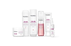 Diferentes productos Goldwell Dualsenses para cabello teñido y no teñido en fila y fondo brillante