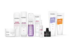 Different Goldwell Dualsenses products in a row and bright background