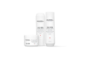 Three different Goldwell Dualsenses Silver products in a row and bright background