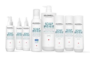 Seven goldwell products in white bottles on a white background