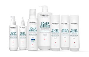 Six  goldwell products in white bottles on a white background