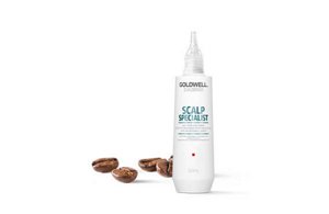 One white serum-bottle  on a white background and four coffee beans