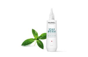 One white goldwell serum-bottle on a white background with a mint plant