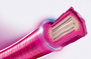 A detailed depiction of a single hair dyed with the goldwell elumen hd max and shine & care technology.