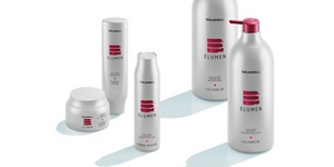 Five products from the goldwell elumen care product line on a grey background.