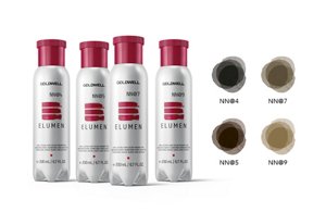 4 grey bottle of Goldwell with a red cup and 4 different shadows of brown on the side.