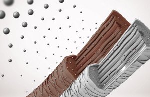 Two hair with inner stem. One of them brown, one grey with grey dropplet coming from the top right corner.