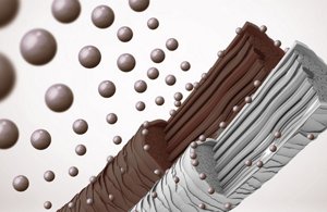 Two hair with inner stem. One dark brown, one grey with grey dropplet coming from the top right corner.