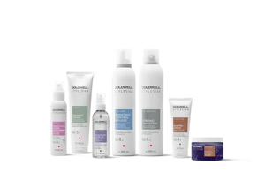seven goldwell stylesign styling product line in a row on a white background