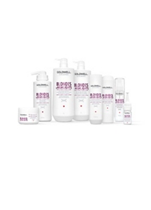 eight goldwell products blondes and highlights for hair lined up horizontally in a row on a white background