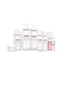 eight goldwell products color protect for hair lined up horizontally in a row on a white background