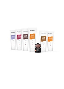seven goldwell products color revive for hair lined up horizontally in a row on a white background