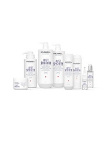 nine goldwell products just smooth for hair lined up horizontally in a row on a white background
