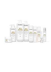 nine goldwell products rich repair for hair lined up horizontally in a row on a white background