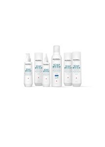 six goldwell products scalp specialist for hair lined up horizontally in a row on a white background