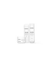 three goldwell products silver for hair lined up horizontally in a row on a white background