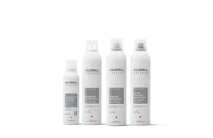 four goldwell stylesign hairspray products lined up horizontally in a row on a white background