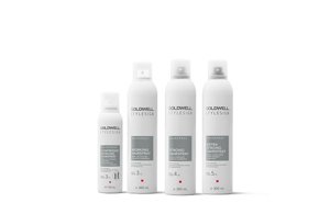 four goldwell stylesign hairspray products lined up horizontally in a row on a white background
