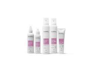 five goldwell stylesign products for heat styling lined up horizontally in a row on a white background